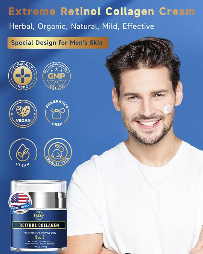 Felicemy 6-in-1 Face Cream for Men, Mens Face Moisturizer, Anti-Aging Face Cream for Men with Retinol Collagen & Hyaluronic Acid, Eye Bags & Dark Spot Remover, After Shave Lotion 2-Pack
