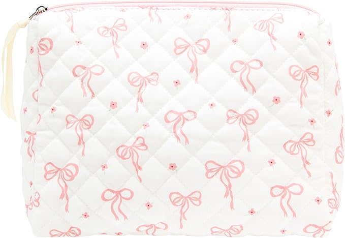 Quilted Makeup Pouch for Women, Travel Cosmetic&Toiletry Bag,Bow Pink