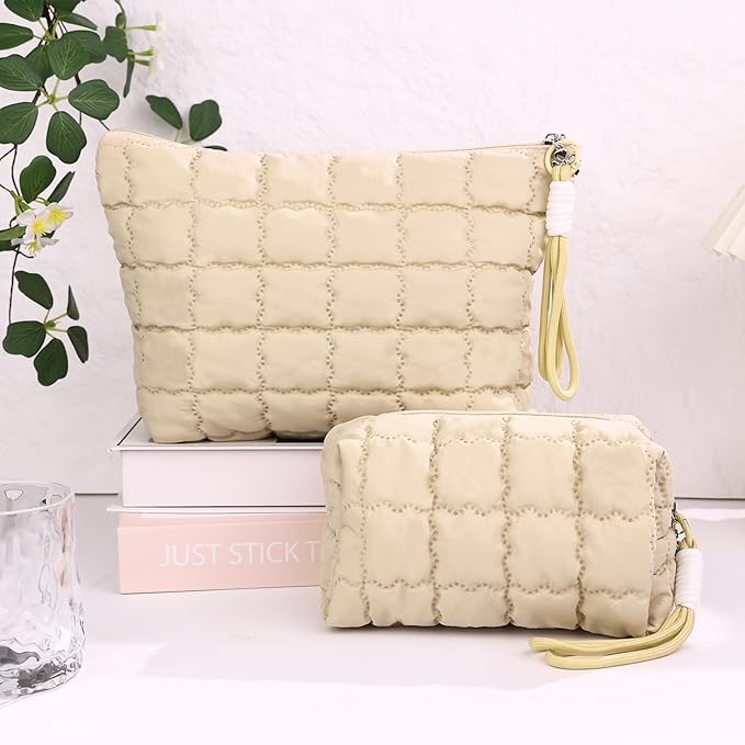 Richeart Makeup Bag Travel Toiletry Bag - Checkered Down Cotton Makeup Pouch for Women with Cosmetic and Pencil, Aesthetic Khaki Design, 2 Pieces