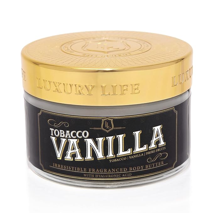 LUXURY LIFE BUTTER - 40% Extrait de Parfum Fragranced Body Butter with Hyaluronic Acid for Ultimate Moisture - Luxurious Room-Filling Natural Fragrances - Non-Greasy, USA Made, Tobacco Vanilla, 5 oz