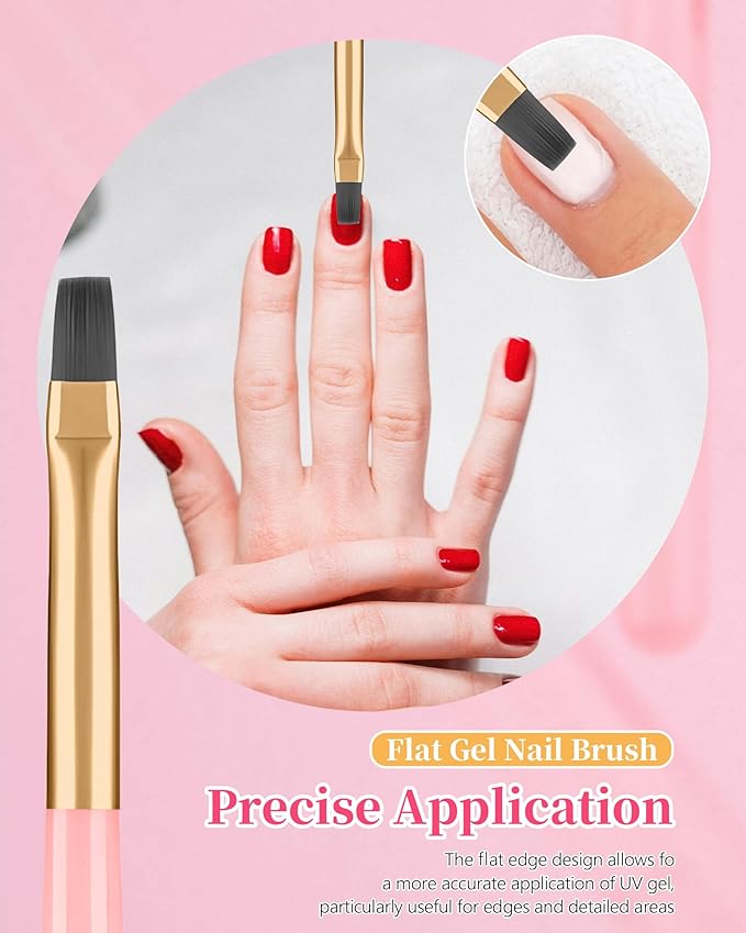 AMilHiTon 3PCS Nail Polish Clean Up Brush, Round/Flat/Angled, Emerald Pink