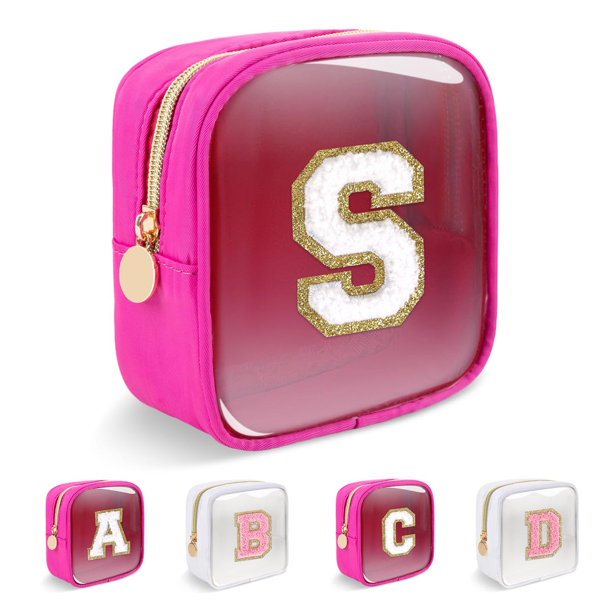 UIXIZQ Personalized Initial Letter Bag Boho Straw Clear Makeup Bag,Small Cute Chenille Varsity Letter Bag With Zipper,Beach Travel Toiletry Bag,Portable Monogrammed Cosmetic Bag for Women Girls,S
