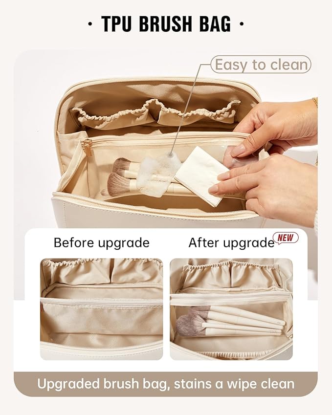 EACHY Travel Makeup Bag, Large Capacity Cosmetic Bags for Women, Waterproof Portable Open Flat Toiletry Bag Make up Bag with Divider and Handle, Christmas Gifts (White, Medium)