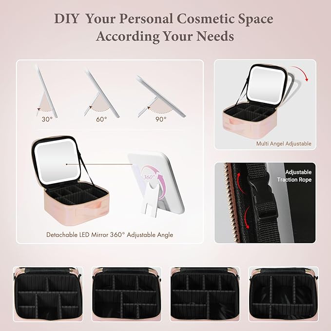 Behaesty Travel Makeup Bag with LED Lighted Mirror, Cosmetic Makeup Organizer Bag with 3 Color Setting, Makeup Train Case with Adjustable Dividers for Women Makeup Brushes Jewelry Accessories