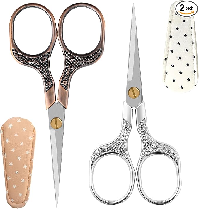 Small Sharp Grooming Scissors Set, Precision Hair & Beard Trimming Shears with Needle-Fine Tip, Vintage Stainless Steel Design, Large Finger Holes, with Protective Sheaths