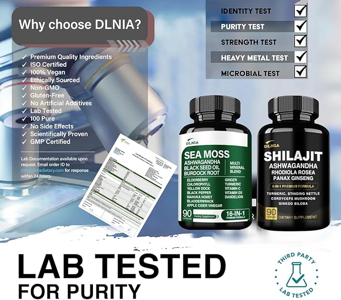 DLNIA Sea Moss & Shilajit Bundle – 270 Capsules | 90-Day Supply | Irish Sea Moss, 75% Fulvic Acid Himalayan Shilajit, Black Seed Oil, KSM-66® Ashwagandha, Tongkat Ali, & Multi-Mineral Daily Wellness