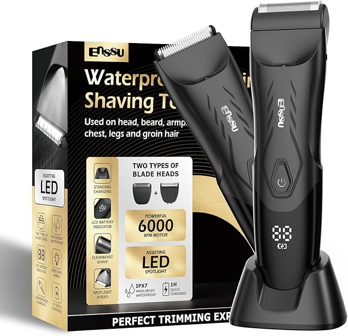 ENSSU Body Hair Trimmer for Men: 2-in-1 Manscape Trimmer & Shaver with LED Light for Ball/Pubic/Groin,Waterproof Trimmer for Men,No-Nick Shaving,Smooth Grooming