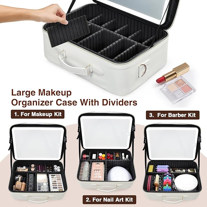 Faquenc Large Makeup Bag with LED Mirror,15”Cosmetic Train Case for Makeup Artists,Travel Makeup Organizer Case w Divider Rechargeable Vanity Mirror with 3 Color Lights for Barber,MUA,Nail Tech, Beige