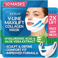 Stylia MaxiLift V-Line Lifting Collagen Face Mask - Double Chin Strap - Jawline Shaper - Neck Firming and Tightening Mask with Hyaluronic Acid & Aloe Vera - Chin Strap for Sleeping (10PC)