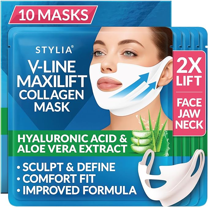 Stylia MaxiLift V-Line Lifting Collagen Face Mask - Double Chin Strap - Jawline Shaper - Neck Firming and Tightening Mask with Hyaluronic Acid & Aloe Vera - Chin Strap for Sleeping (10PC)