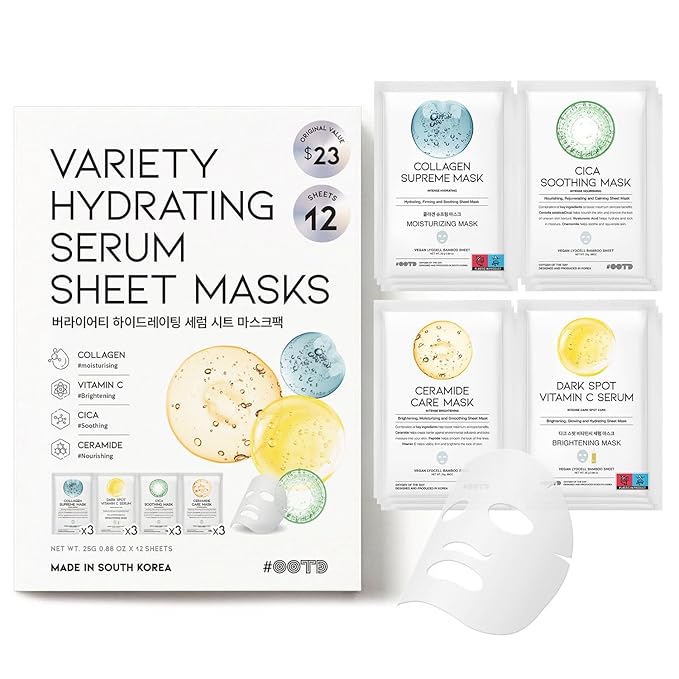 #OOTD Korean Sheet Mask with Collagen, Ceramide, Cica, Vitamin C(12-Pack)
