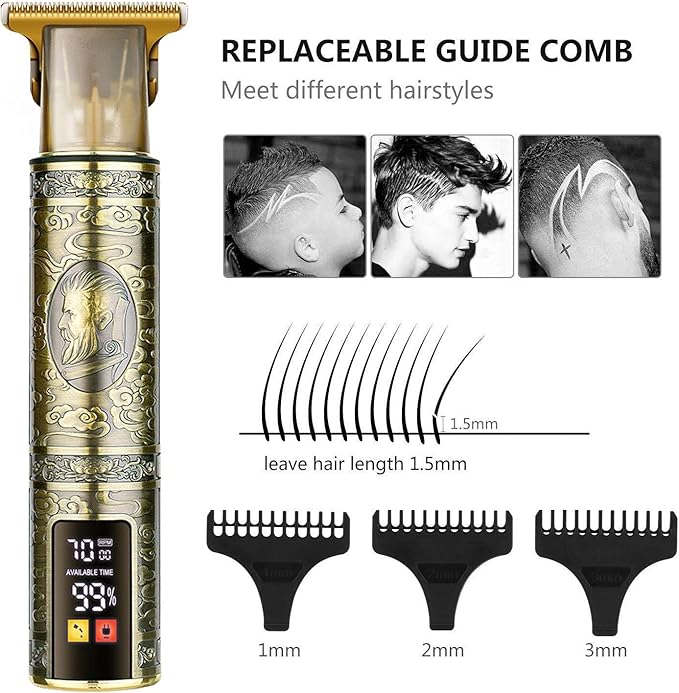 Hilandkom Men's T-Blade Hair Clippers, Waterproof & Low Noise, Professional Hair Trimmer, USB Quick Charge & LED Display, Ergonomic All Metal Design
