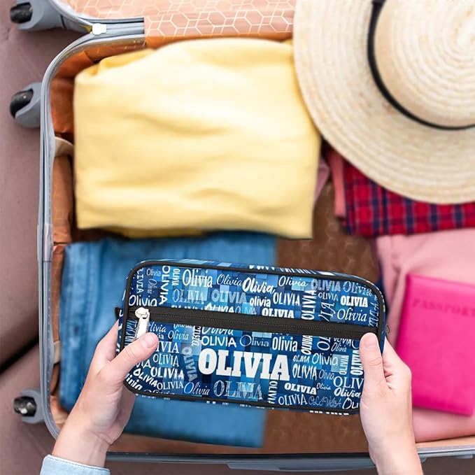 KFNHN Custom Name Makeup Bag Travel Toiletry Bag, Blue Geometric Pattern