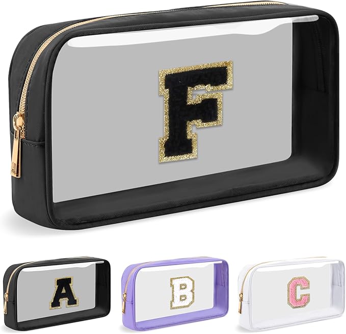 UIXIZQ Personalized Initial Letter Clear Makeup Bag,Preppy Small Nylon&PVC Cosmetic Zipper Bag with Chenille Letter,Travel Skincare Toiletry Bag,Monogram Christmas Gift for Teen Girls Women,F