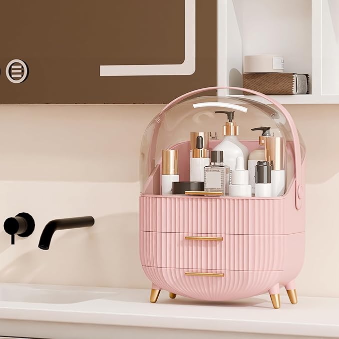 lurcns Vanity Organizer with Lid and Drawers, Beauty Skin Care Storage for Countertop, Birthday Gift for Teen Girls, 10 11 12 13 14 15 16 17 18 Year Old Girl Gifts, Pink Makeup Holder for Dresser