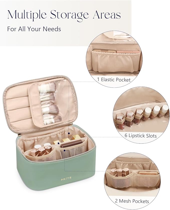Prite Makeup Bag Travel Cosmetic Case, Women Toiletry bag Organizer, Green