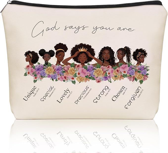 Girlly First Communion Gifts For Girls - God Says You Are Christian Makeup Bag for African American Black Teen Girls & Women, Black Girl Magic Cosmetic & Toiletry Organizer Pouch with Lining.