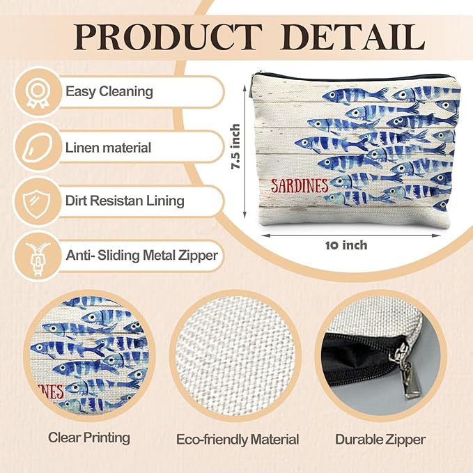 RYYCDOI Vintage Sardine Fish Makeup Bag, Ocean Beach Lovers Gifts Cosmetic Bags for Women, Gifts for Fishing Lovers, Retro Nautical Beach Zipper Makeup Pouch