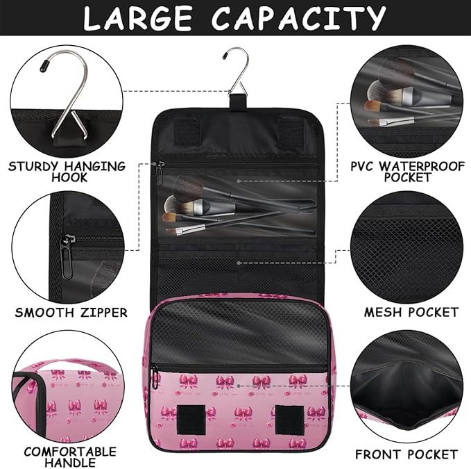 YoYoYuchong Travel Toiletry Bag for Women & Men Pink Beautiful Flower Hanging Cosmetic Organizer Portable Waterproof Makeup Case Make Up Bag with Compartments Travel Essentials for Bathroom Shower