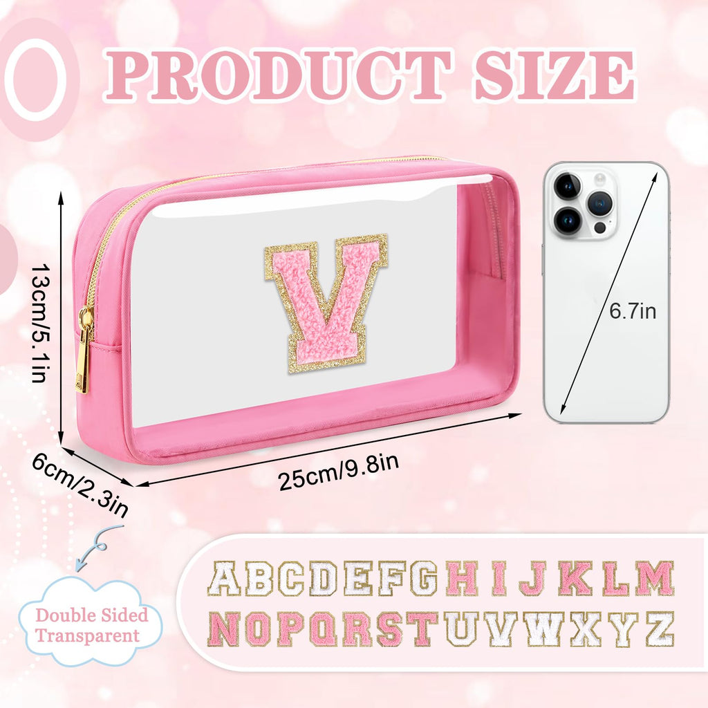Small Clear Personalized Initial Makeup Bag, Preppy Nylon A-Z Chenille Letter Patch Makeup Organizer TSA Approved Travel Toiletry Bag,Waterproof Zip Beach Cosmetic Pouch Purse for Women(Pink-Pink V)