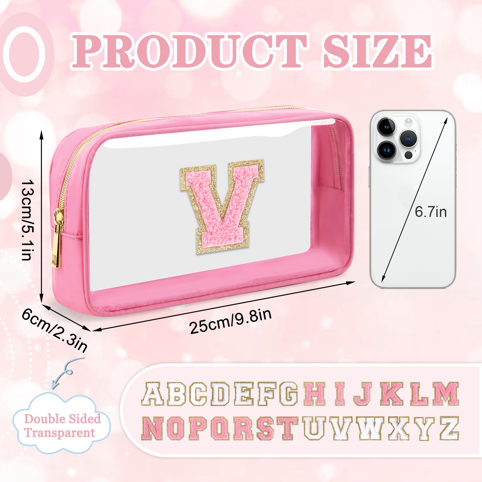 Small Clear Personalized Initial Makeup Bag, Preppy Nylon A-Z Chenille Letter Patch Makeup Organizer TSA Approved Travel Toiletry Bag,Waterproof Zip Beach Cosmetic Pouch Purse for Women(Pink-Pink V)