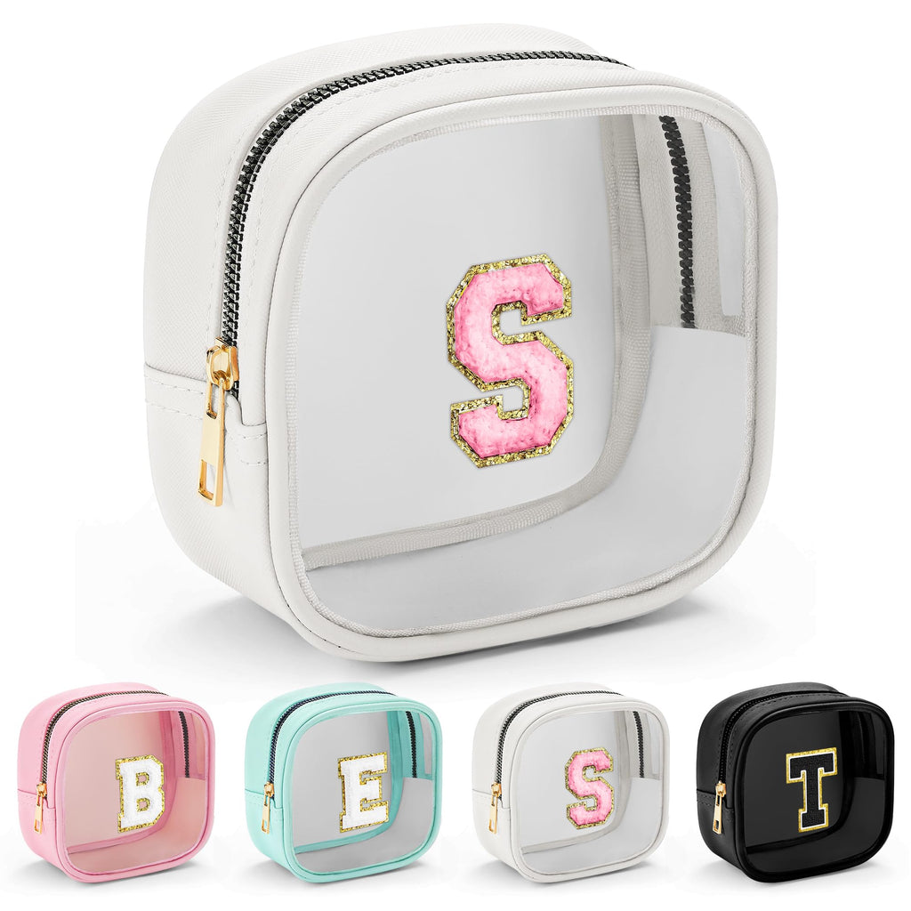 YOOLIFE Initial Make Up Bag Travel Toiletry Bag, Clear Makeup Bag Preppy Cosmetic Bags Organizer Travel Essentials Gifts for Women Teen Girlfriend Teacher Mom Birthday Mothers Day Gifts White S
