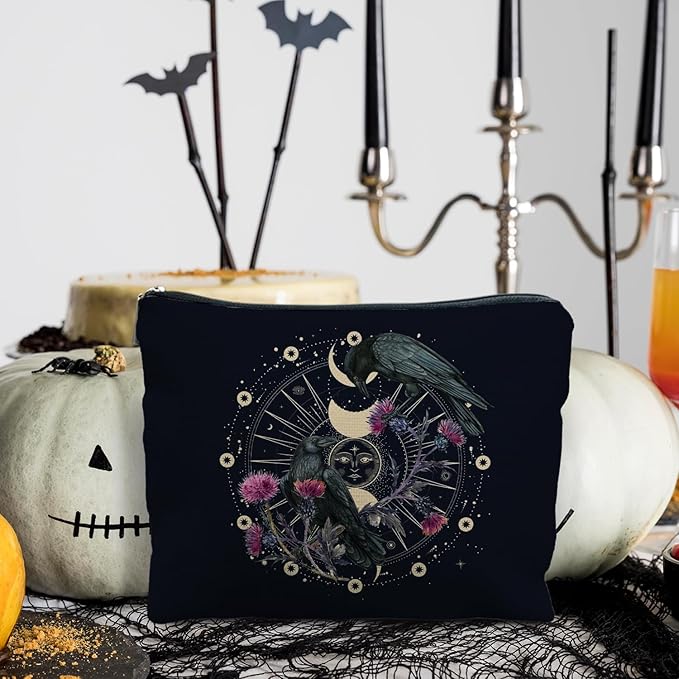 RYYCDOI Goth Raven Makeup Bag, Celestial Sun and Moon Phase Witchy Makeup Bag for Women, Witch Stuff, Halloween Black Crow Floral Cosmetic Bag Toiletry Bag for Women, Black
