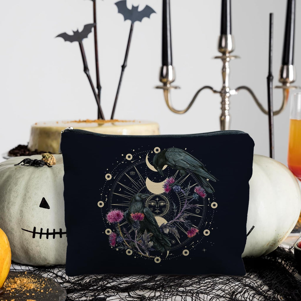 RYYCDOI Goth Raven Makeup Bag, Celestial Sun and Moon Phase Witchy Makeup Bag for Women, Witch Stuff, Halloween Black Crow Floral Cosmetic Bag Toiletry Bag for Women, Black