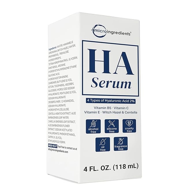 Hyaluronic Acid Serum with Vitamin B5 for Face | Lightweight Hydrating Face Serum for Dry & Sensitive Skin | 4 Types of HA at 2% with Vitamin C & E | Oil-Free & Fragrance-Free, 4 fl oz