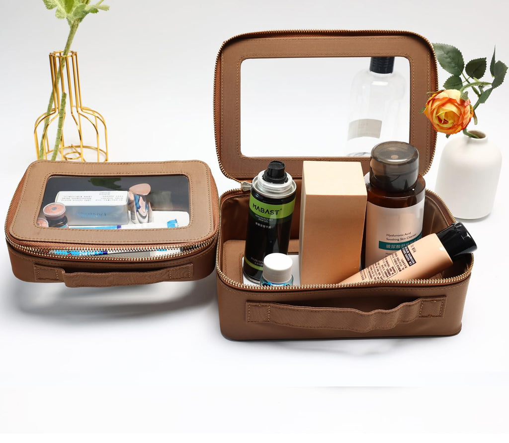 SANHECUN Cosmetic Case with Zipper TSA Approved Storage Box Travel Organizer Pouch Toiletry Portable Makeup Bag Cosmetic Set (2, Brown)