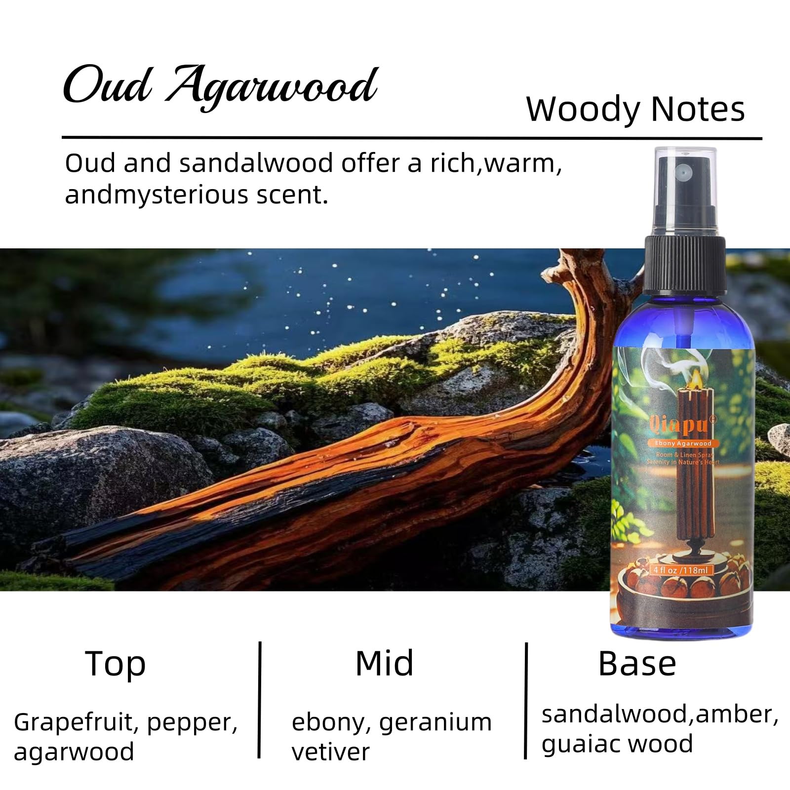 Natural Bedroom Linen Spray Scented Room Mist with Plant Extracts Long Lasting Freshness for Sheets, Pillows & Curtains –Ebony Agarwood + Misty Forest + Chamomile + Romantic Rose 4oz（4 Bottle）