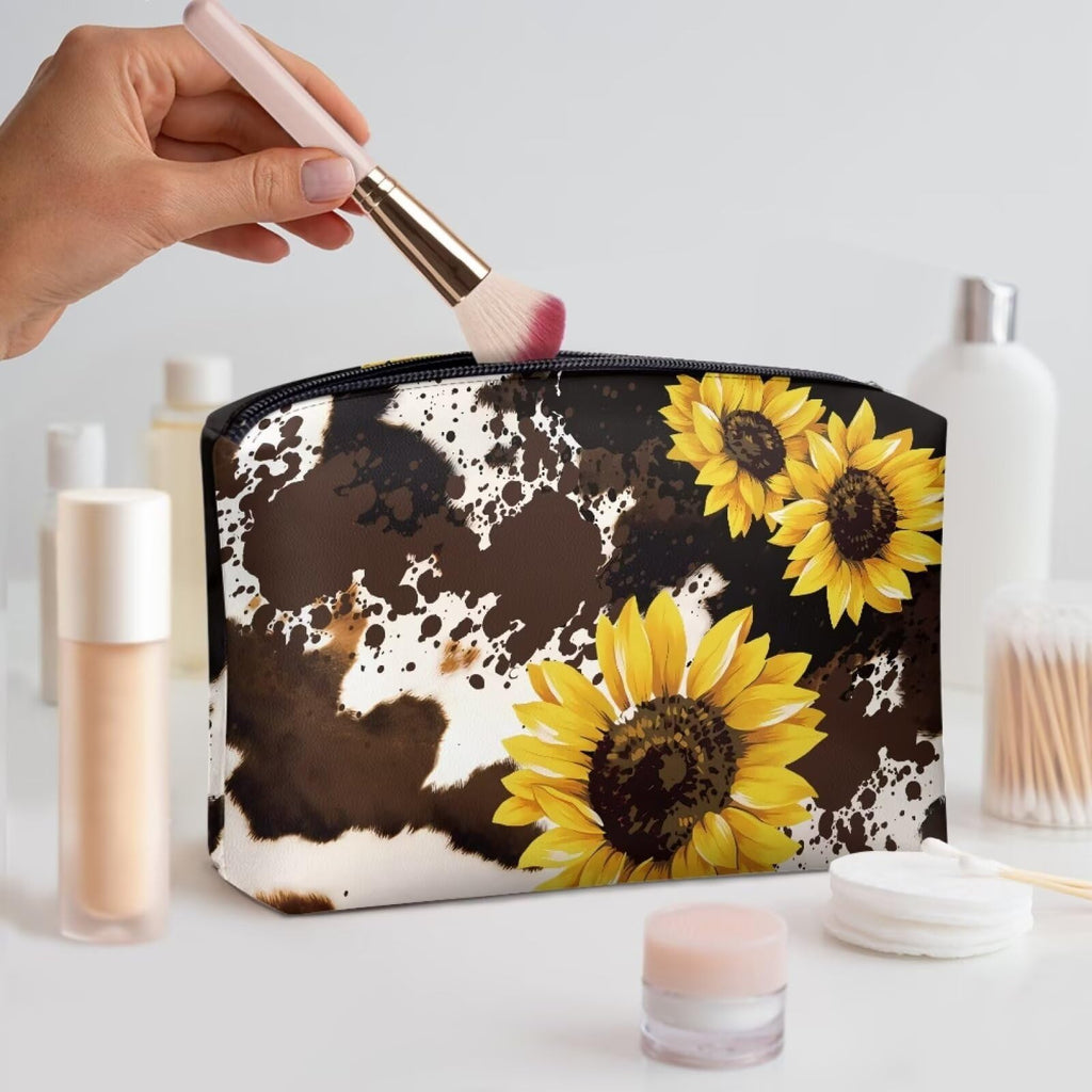 COEQINE Sunflower Cosmetic Bag for Women Leather Soft Cosmetic Bag With Black Cosmetic Purse for Travel Birthday Party Cow Print Cosmetic Purse With Zipper for Ladies Cell Phone Purse