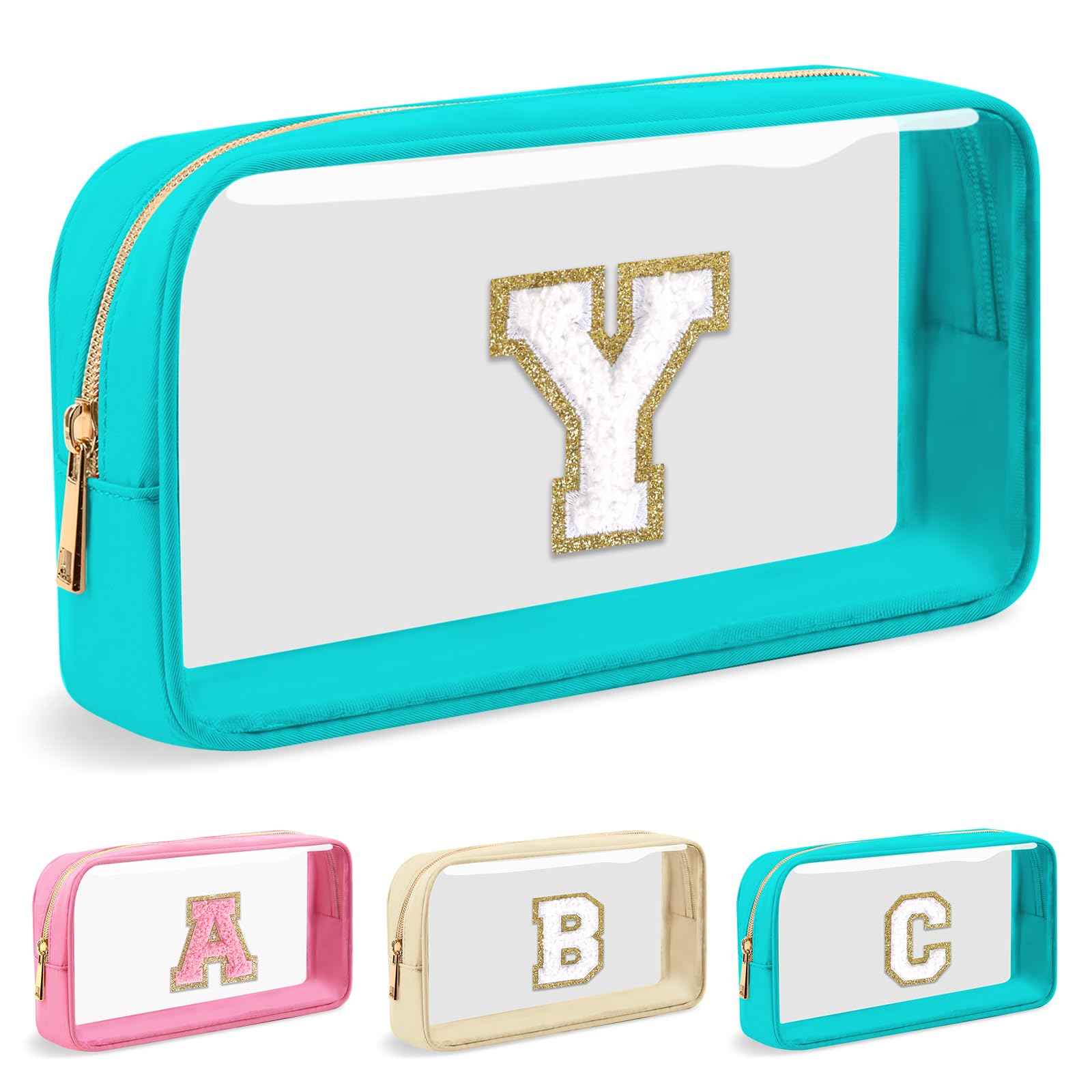 Personalized Initial Letter Clear Makeup Bag,Preppy Small Nylon&PVC Cosmetic Zipper Bag with Chenille Letter,Portable Beach Travel Skincare Toiletry Bag,Trendy Monogram Gift for Teen Girls Women,Y
