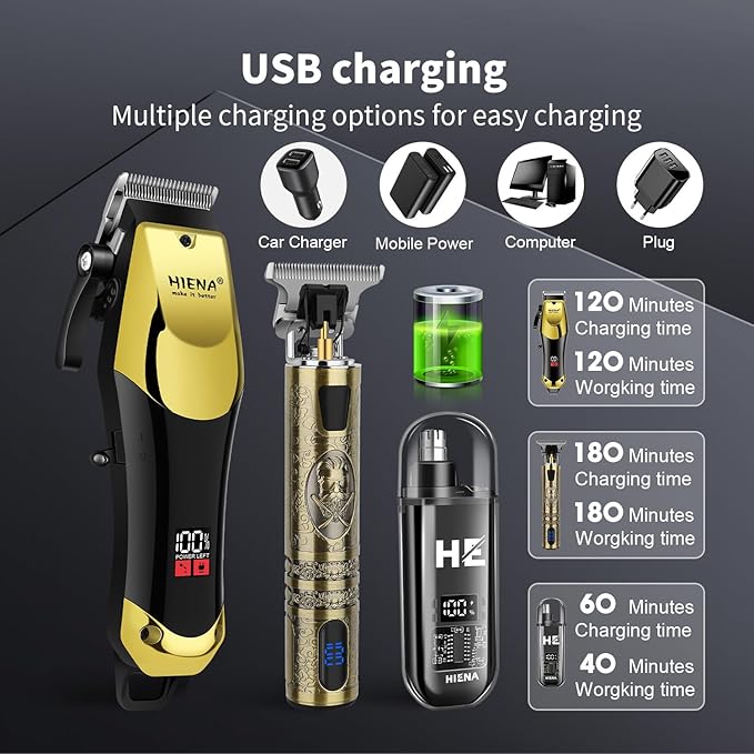 HIENA PRO Hair Clippers for Men, Cordless 3-in-1 Trimmer Grooming Kit