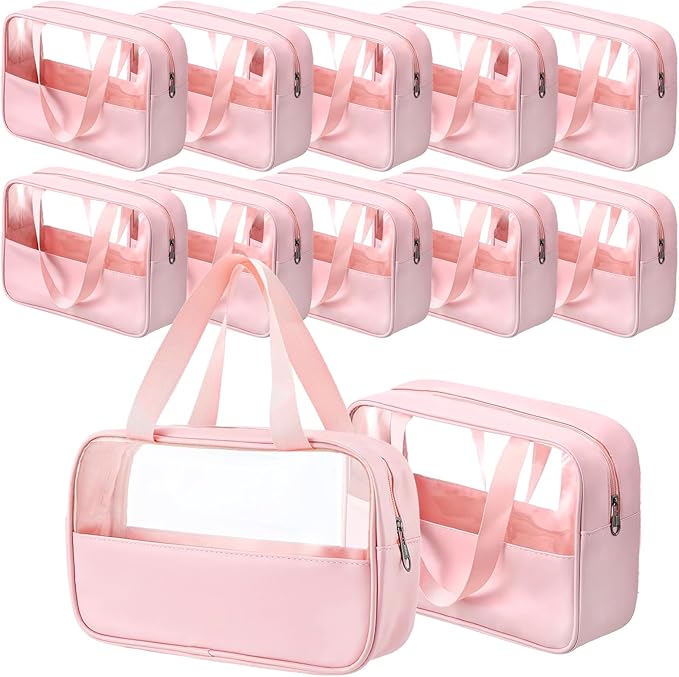 LECEHIVO 12 Pcs Translucent Make up Bag 10.2 x 6.3 x 2.8 Inches Waterproof Toiletry Organizer with Hanging Handles Portable Cosmetic Travel Bag Carry Pouch for Women and Men Travel Storage (Pink)