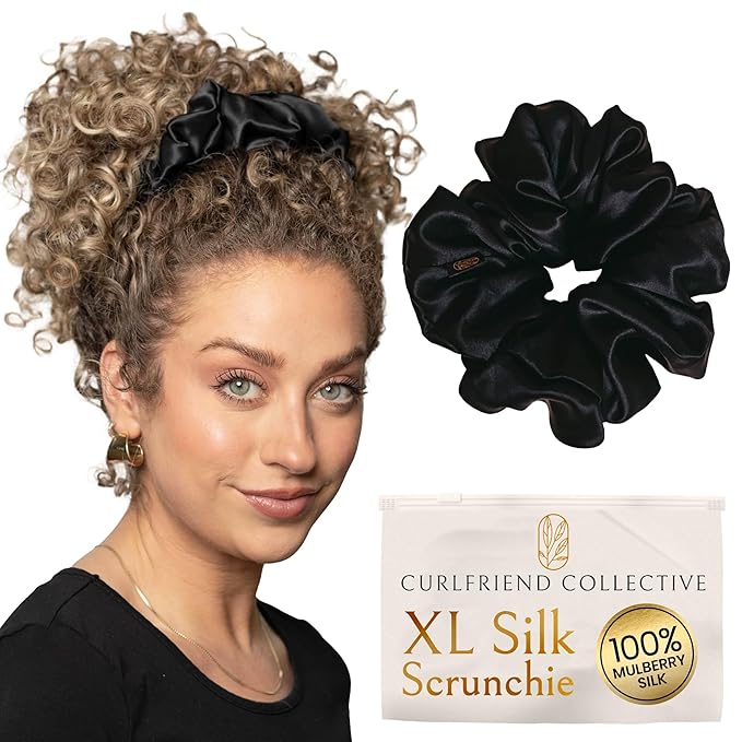 Curlfriend Oversized Mulberry Silk Scrunchies for Women, XL, Black