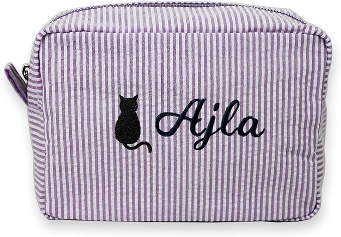 jcyif Custom Makeup Bag Personalized Cosmetic Bag Cute Seersucker Travel Toiletry Bag for Women Embroidered Bag Organizer for Bride Makeup Bag Gift Purple