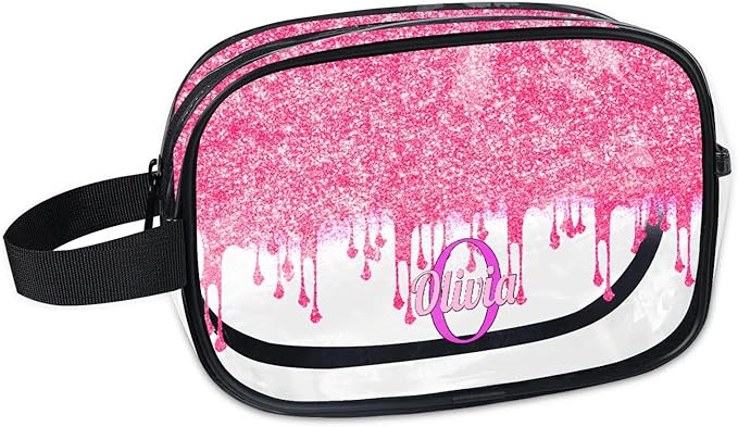 KFNHN Customized Travel Makeup Toiletry Bag, PVC Transparent Waterproof Large Cosmetic Bag Makeup Shaving Bag Organizer Case, Hot Pink Curtain Glittery