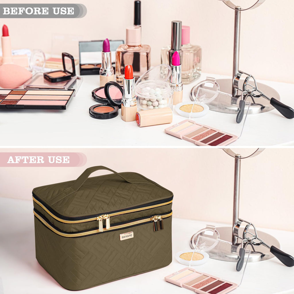 BAFAMYE 8.8L Double Layer Travel Makeup Bag With Mirror For Women, Large Cosmetic Case, Organizer for Travel-Size Accessories Bottles, Brushes,and Skin Care Products, 2.33 GAL, Brown…