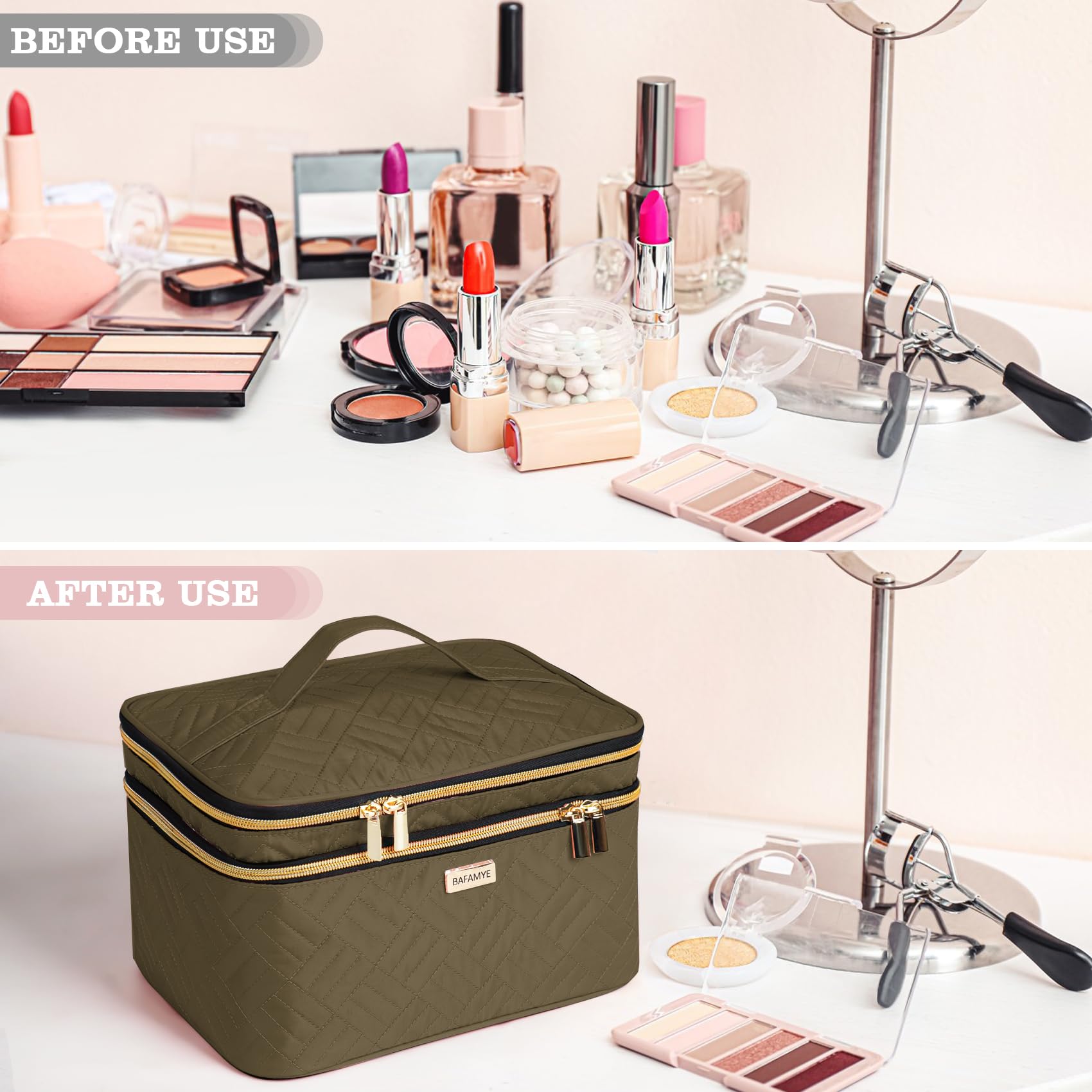 BAFAMYE 8.8L Double Layer Travel Makeup Bag With Mirror For Women, Large Cosmetic Case, Organizer for Travel-Size Accessories Bottles, Brushes,and Skin Care Products, 2.33 GAL, Brown…