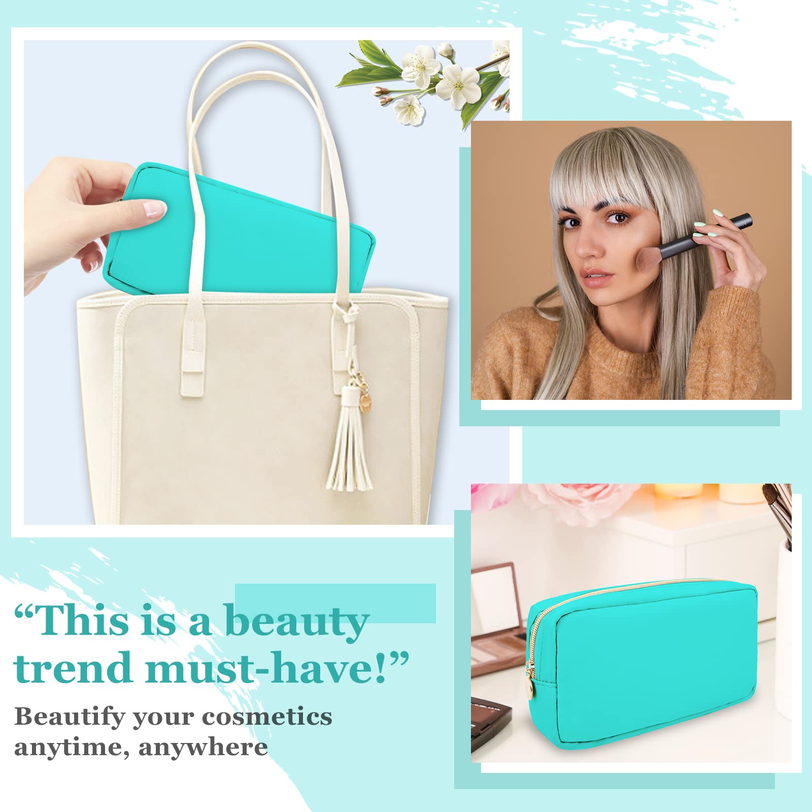 Nylon Small Makeup Bag for Purse, Cute Preppy Makeup Bag Cosmetic Zipper Pouch Purse, Waterproof Portable Travel Toiletry Bag Coin Pouch Clutch Makeup Brush Bag Organizer Storage for Women Girls(Mint)