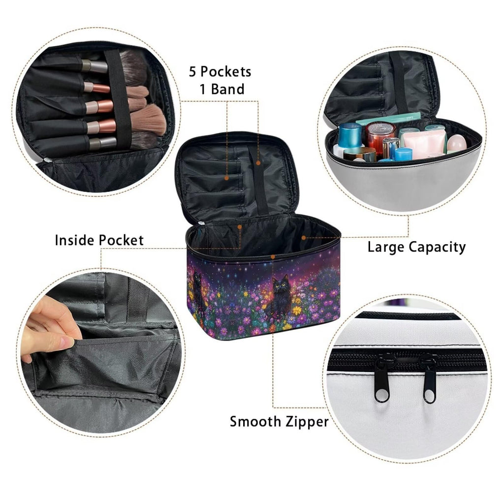 Drydeepin Black Cat Colorful Daisy Flower Print Travel Makeup Bags for Women Portable Tote Cosmetic Case with Carry Handle Toiletry Accessories Storage Organizer Bags