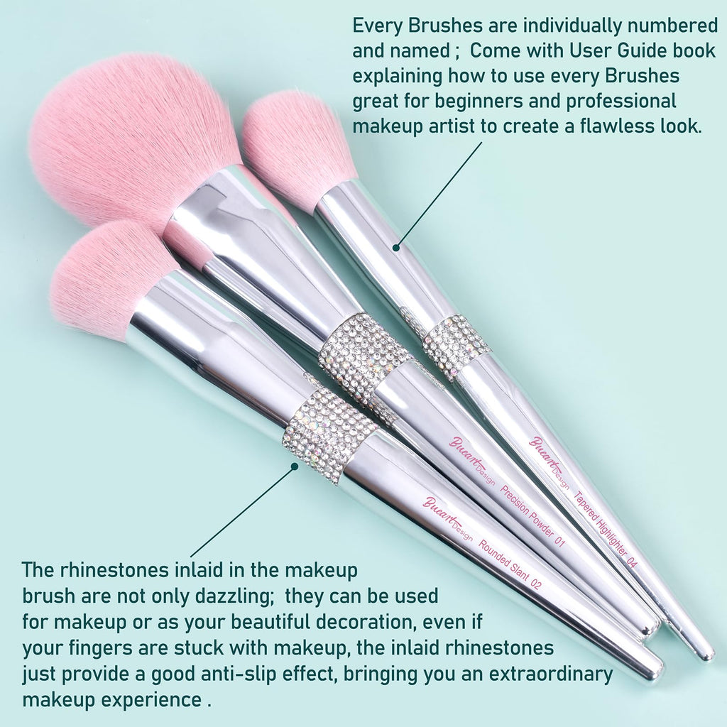Bueart Design Elegant pink Ultra soft labeled Makeup Brushes Sets with Brush Holder makeup brush set with Foundation Powder blush blending contour Brush (15Pcs Silver Pink+Holder)