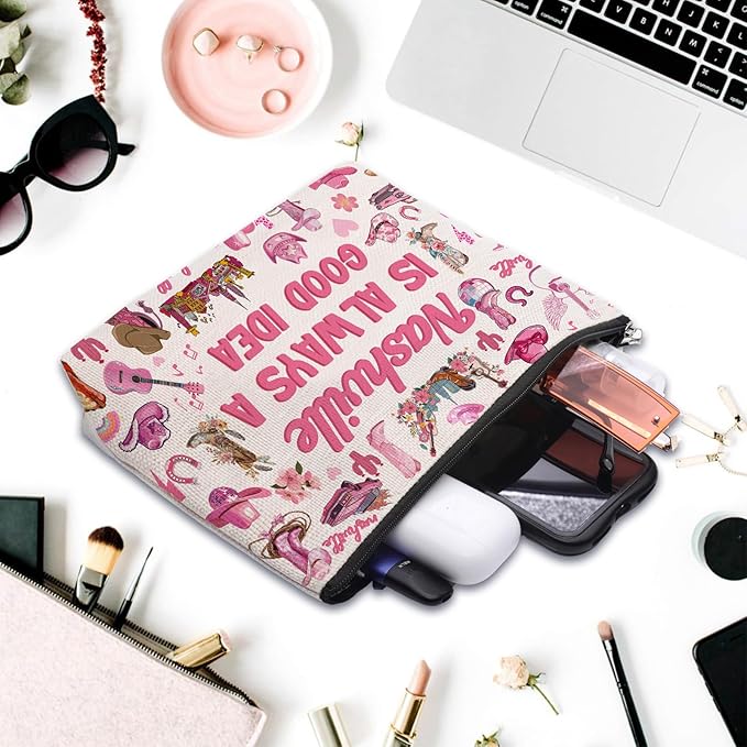 CEASQVAA Nashville Travel Gifts Makeup Bag, Nashville Lover Accessories Souvenirs, Country Music Gifts for Traveller Women Friends, Birthday Bachelorette Party Favors Women Trip Cosmetic Bag Pouch