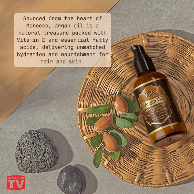 VoilaVe USDA Pure Organic Moroccan Argan Oil for Skin, Nails & Hair Growth, Anti-Aging Face Moisturizer, Cold Pressed, Hair Moisturizer, Rich in Vitamin E, As Seen On TV - 4 fl oz