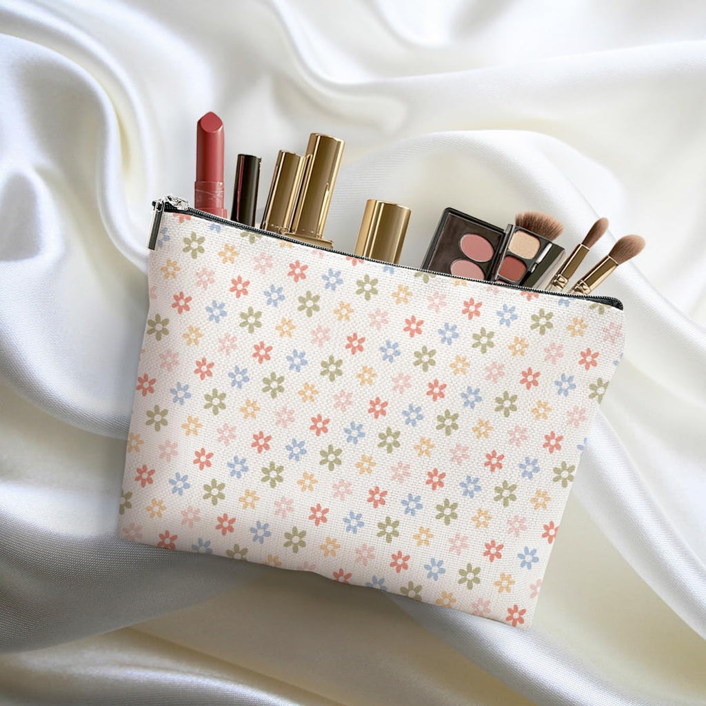 Vintage Daisy Flowers Makeup Bag Floral Cosmetic Bag Friend Friendship Gifts for Women Girls Sister Coworker Mama Botanical Travel Organizer Zipper Pouch Christmas Thanksgiving Birthday Gifts