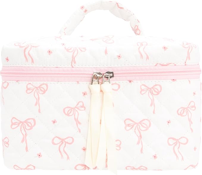 Quilted Makeup Bag for Women, Travel Cosmetic&Toiletry Bag,Bow Pink