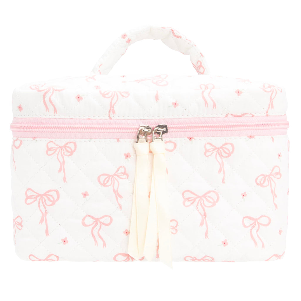 Quilted Makeup Bag for Women, Travel Cosmetic&Toiletry Bag,Bow Pink