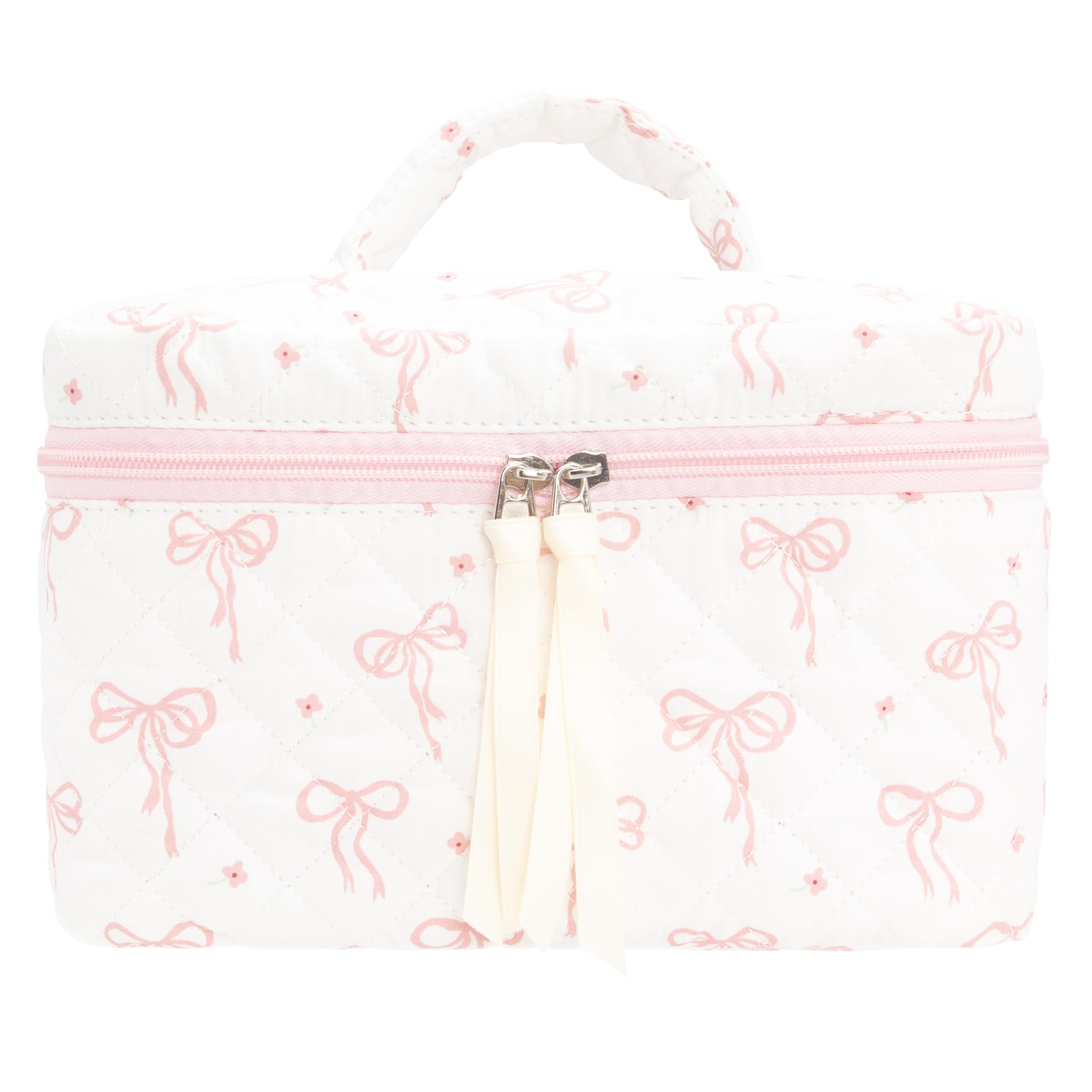 Quilted Makeup Bag for Women, Travel Cosmetic&Toiletry Bag,Bow Pink