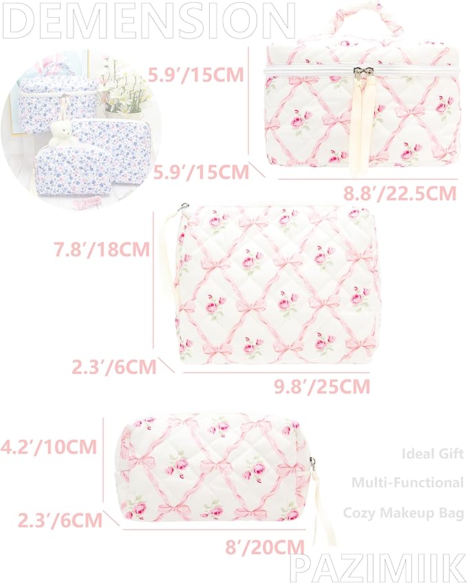 3 Piece Quilted Makeup Bag Set for Women,Cosmetic&Toiletry Bag,Bow Rose